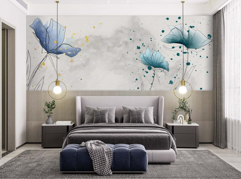 Blauwe bloemen met inktspatten — interieur 1