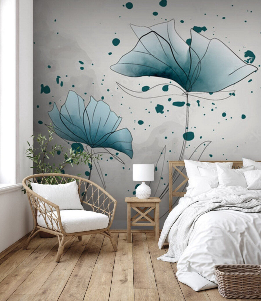 Blauwe bloemen met inktspatten — interieur 2