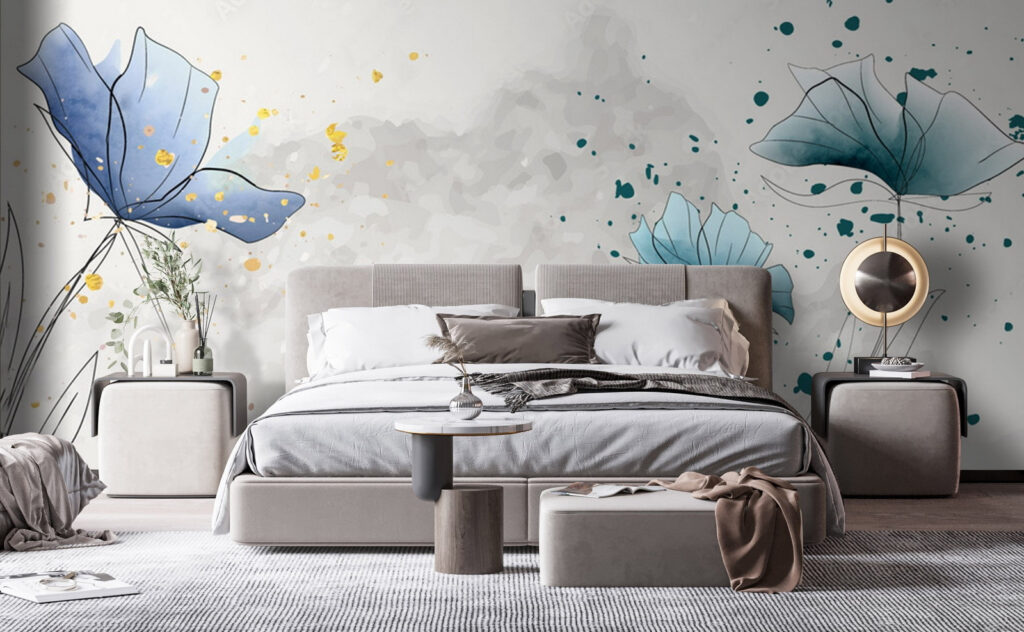 Blauwe bloemen met inktspatten — interieur 3