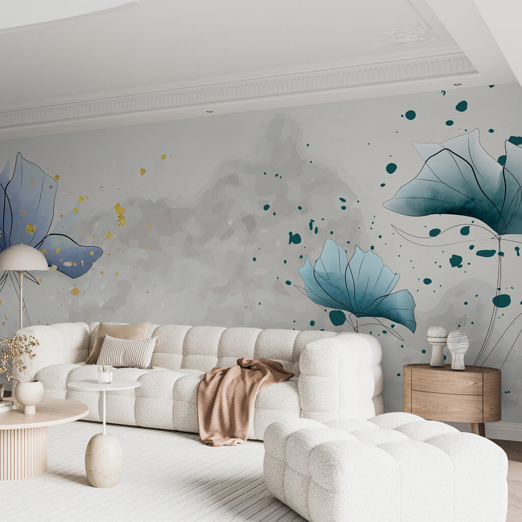 Blauwe bloemen met inktspatten — interieur 4
