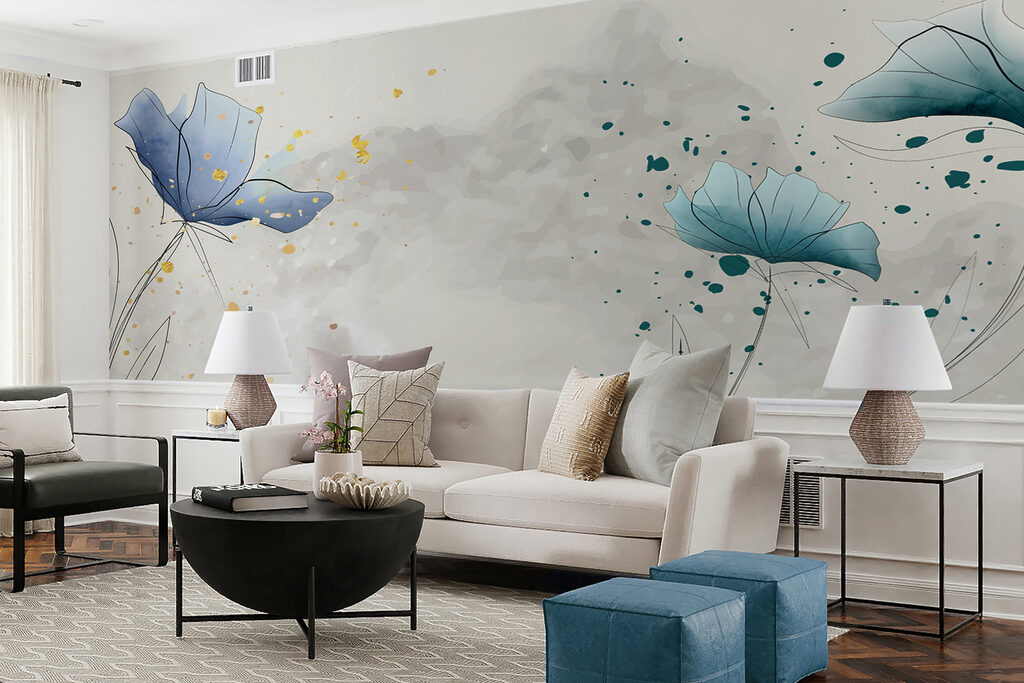 Blauwe bloemen met inktspatten — interieur 5