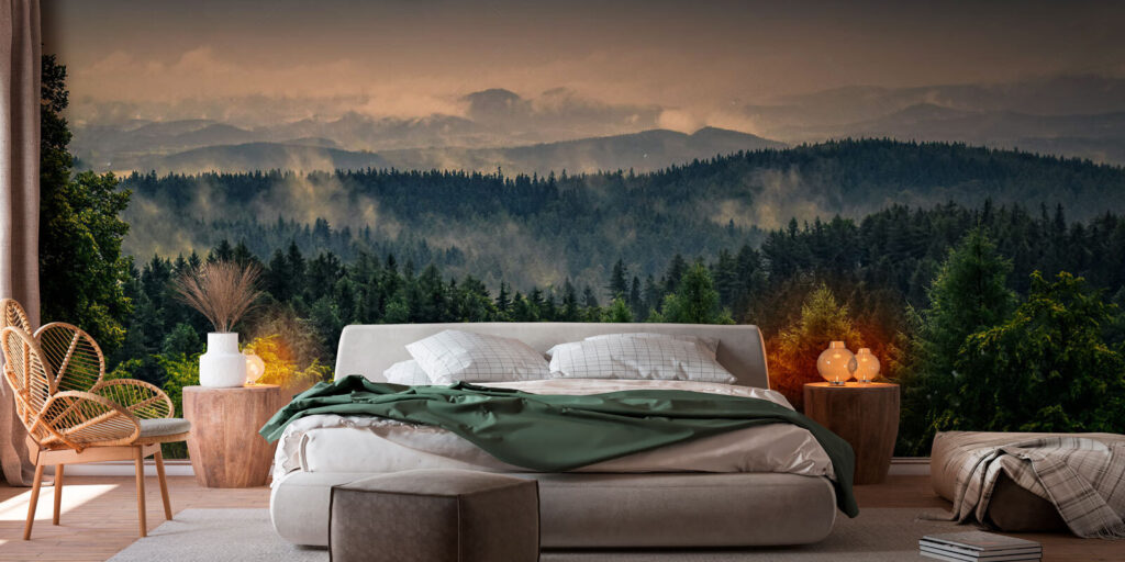 Bos met mist en wolken in een interieur