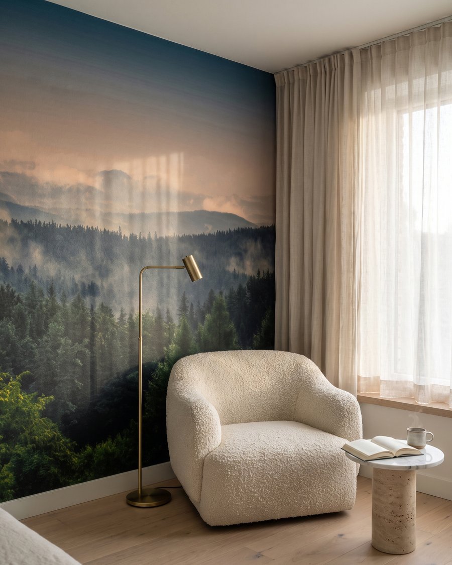 Laatste licht over dennenkruinen in een interieur