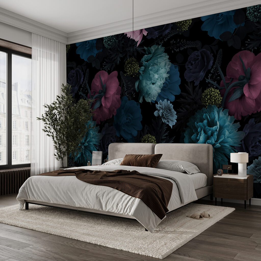 Blauwe bloemen op nachtzwart — interieur 4