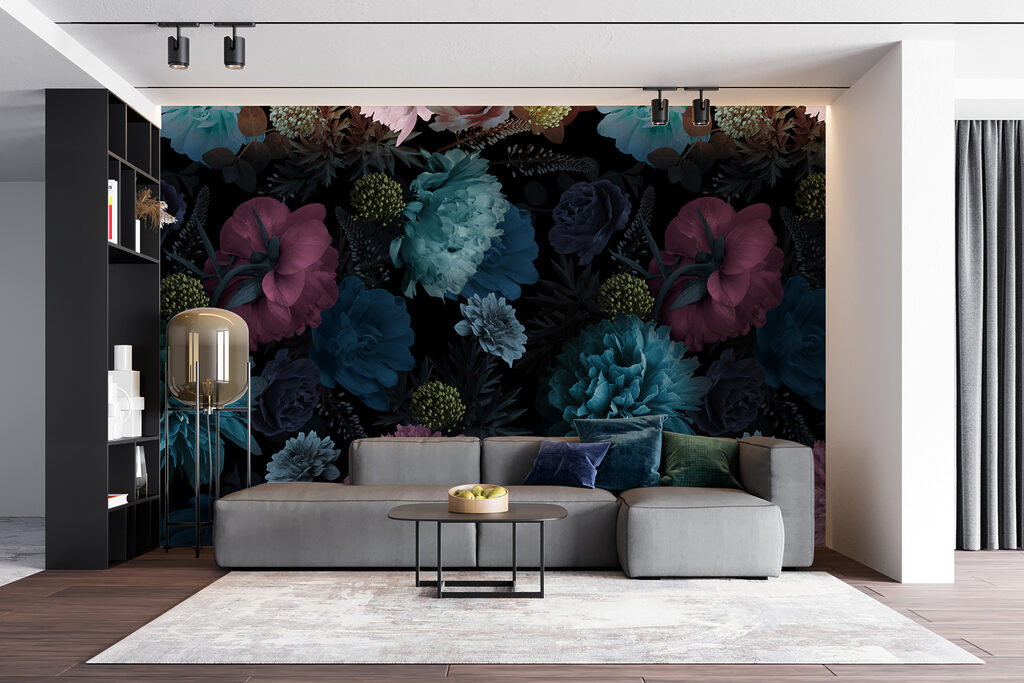 Blauwe bloemen op nachtzwart — interieur 5