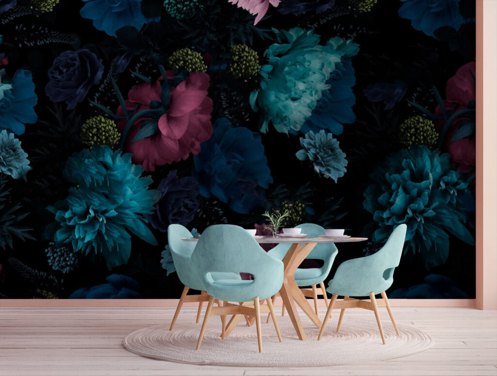 Blauwe bloemen op nachtzwart — interieur 1