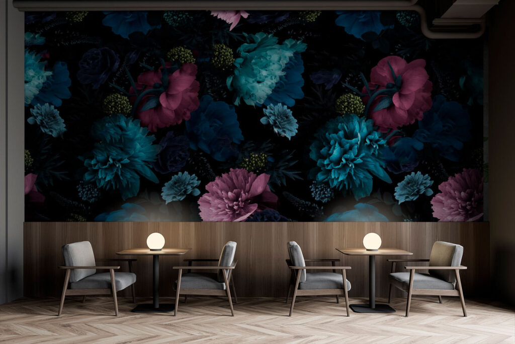 Blauwe bloemen op nachtzwart — interieur 3