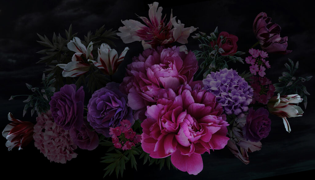 Paarsrode bloemen bij nacht — volledig ontwerp