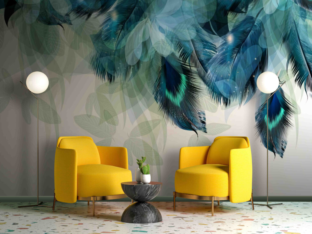 Blauwe en groene veren in een interieur