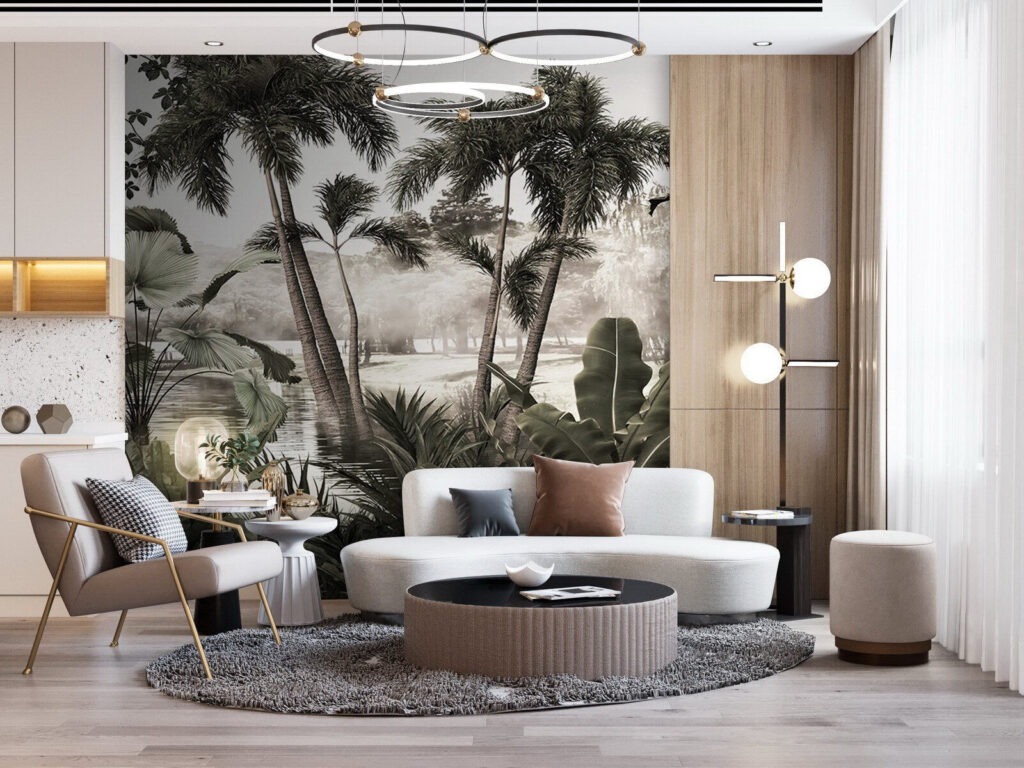 Grijze palmentuin in tekenlijnen — interieur 1
