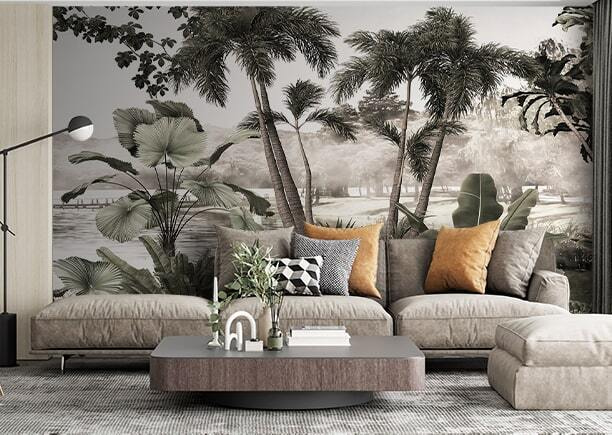 Grijze palmentuin in tekenlijnen — interieur 3