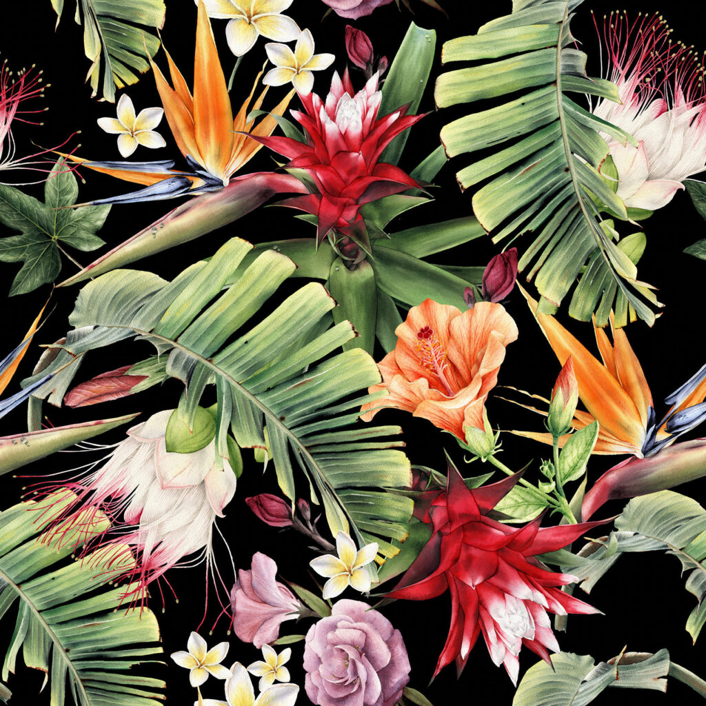 Tropische bloemen op nachtzwart — volledig ontwerp