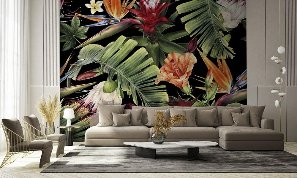 Tropische bloemen op nachtzwart — interieur 2