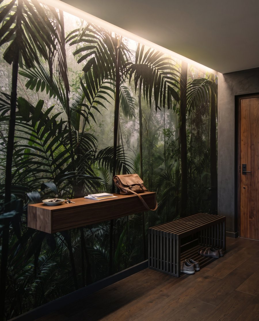 Tussen hoge junglepalmen in een interieur