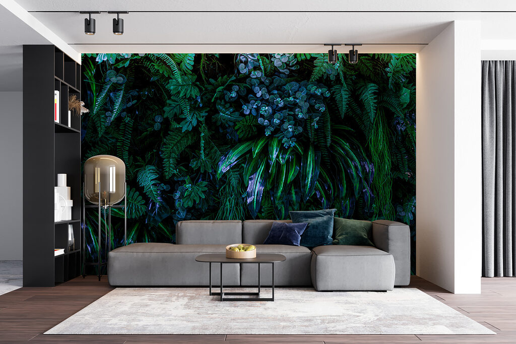 Blauwe bloemen tussen jungleblad — interieur 4