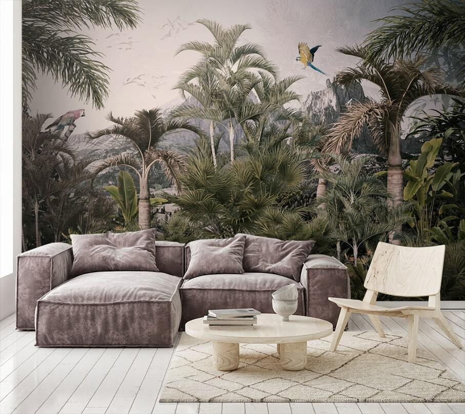 Tropisch bos met palmbomen en een vliegende vogel in een interieur