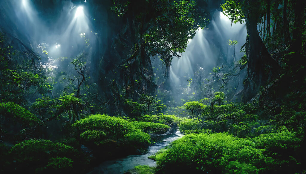 Licht valt door jungleduister — volledig ontwerp