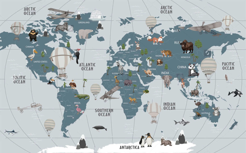 Werelddieren tussen blauwgrijze landvormen — volledig ontwerp
