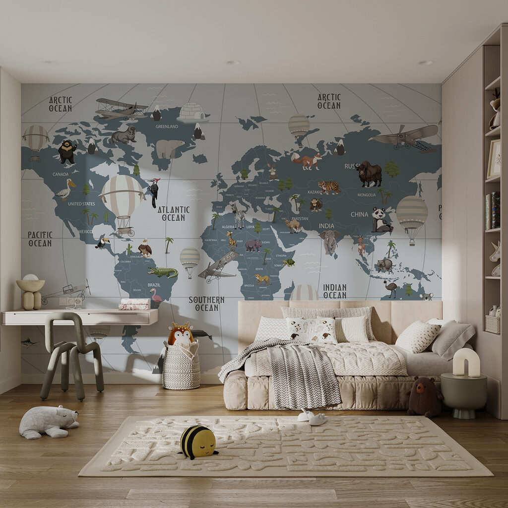 Werelddieren tussen blauwgrijze landvormen — interieur 4
