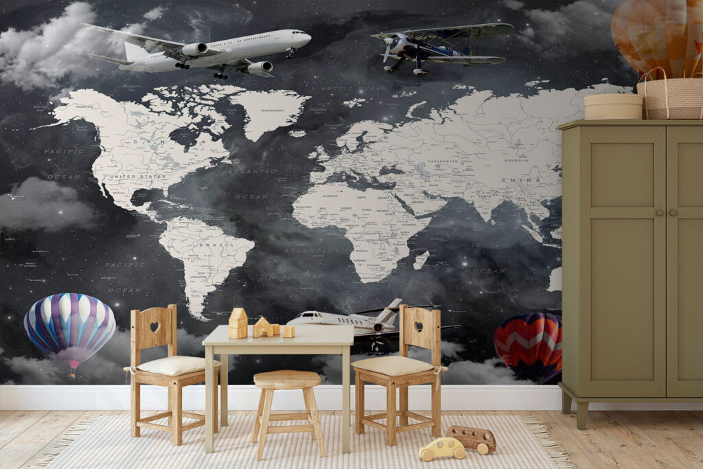 Vliegtuigen rond witte wereldkaart — interieur 2