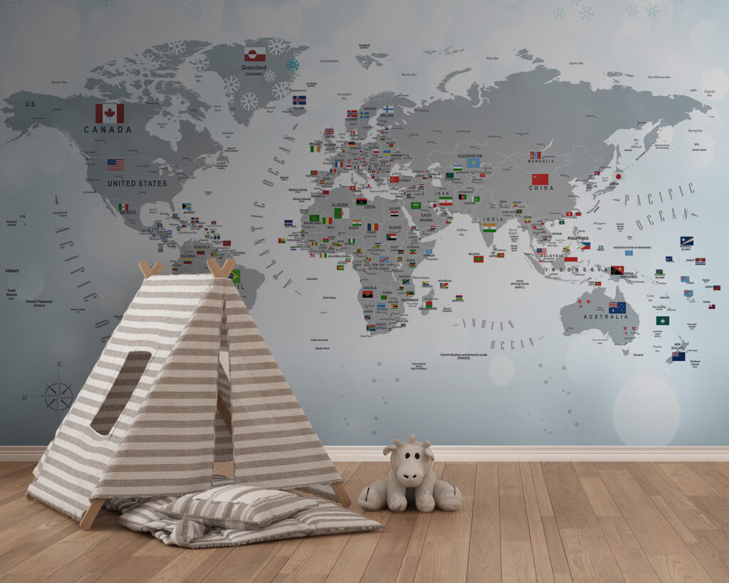 Een wereldkaart vol vlaggetjes — interieur 2
