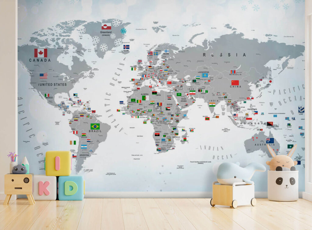Wereldkaart met vlaggen in een interieur
