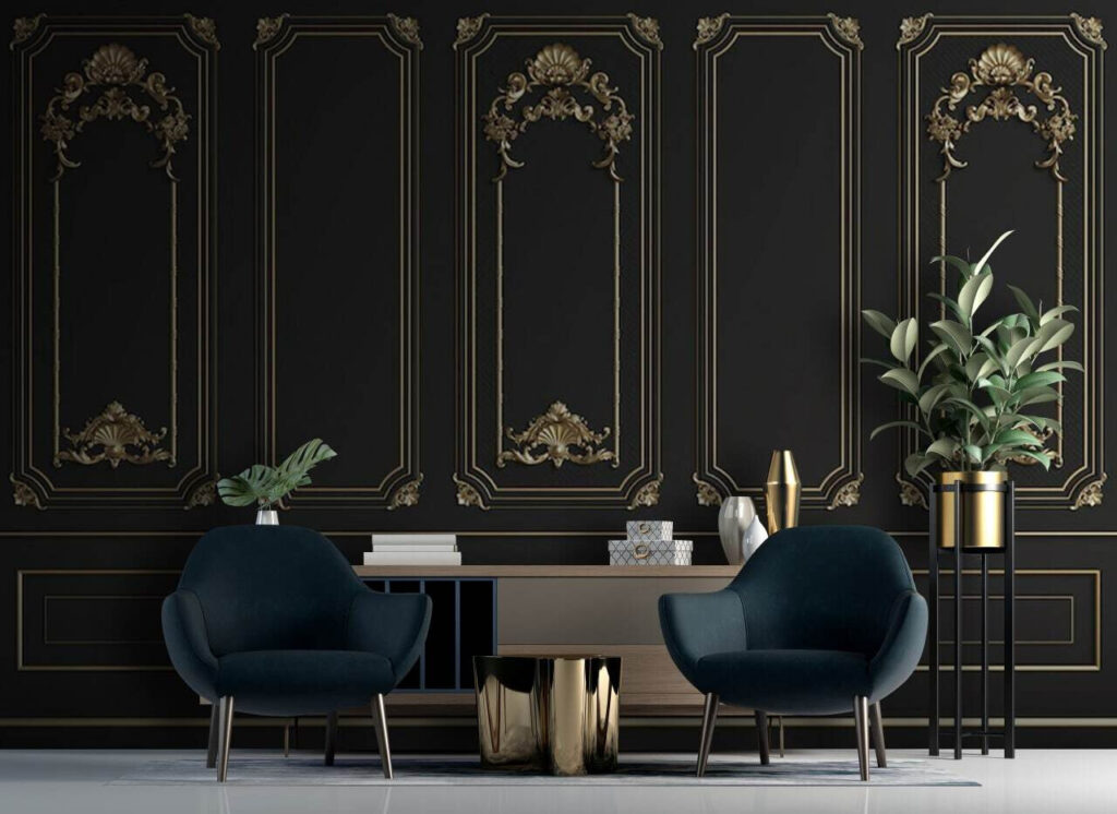 Elegante zwarte panelen met sierlijke accenten in een interieur