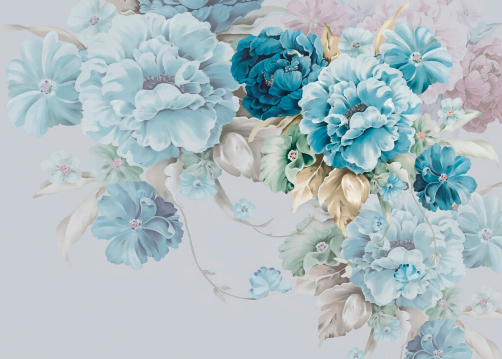 Blauwe bloemen dalen neer — volledig ontwerp