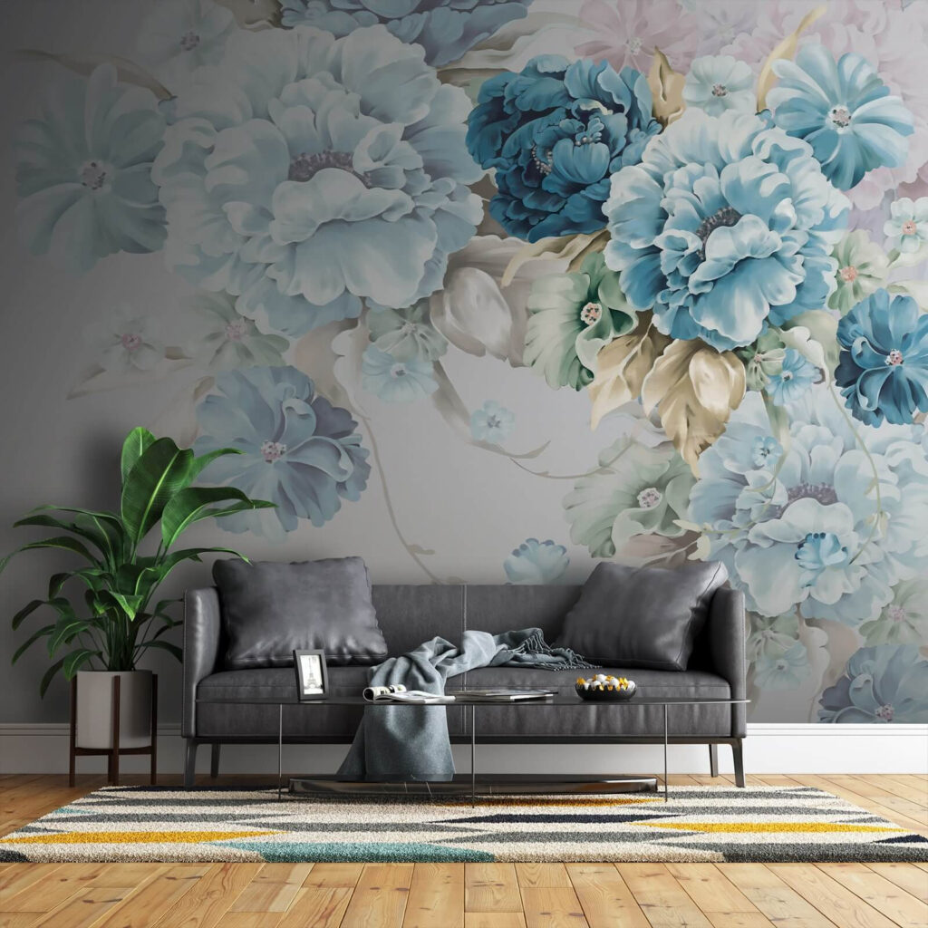 Blauwe bloemen dalen neer — interieur 1