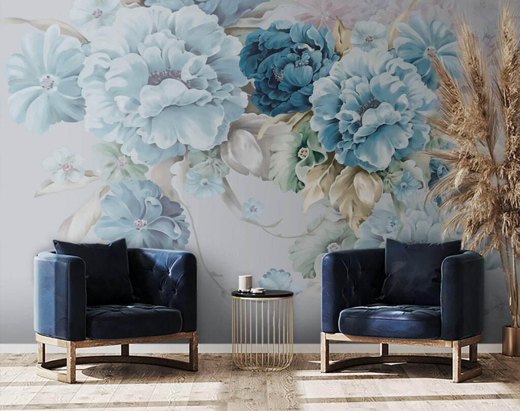 Blauwe bloemen dalen neer — interieur 3
