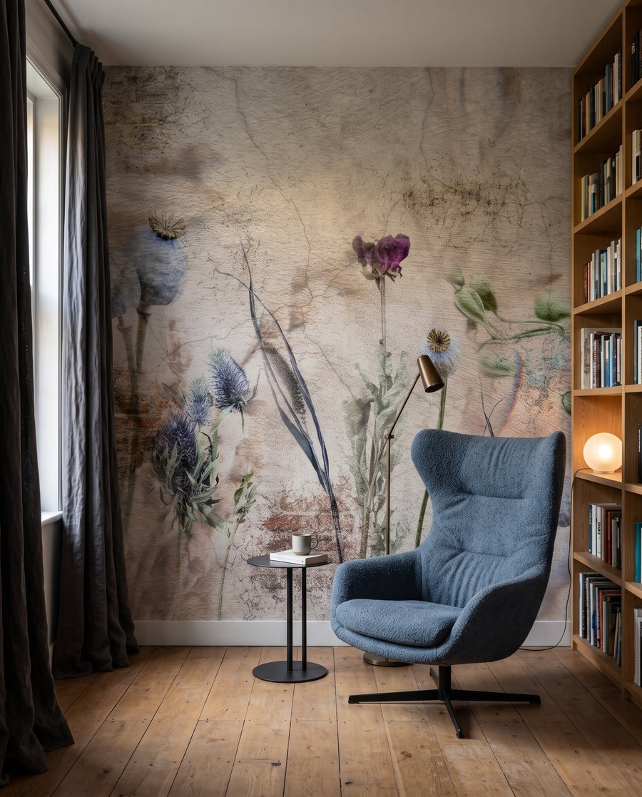 Distels langs verweerde baksteen in een interieur