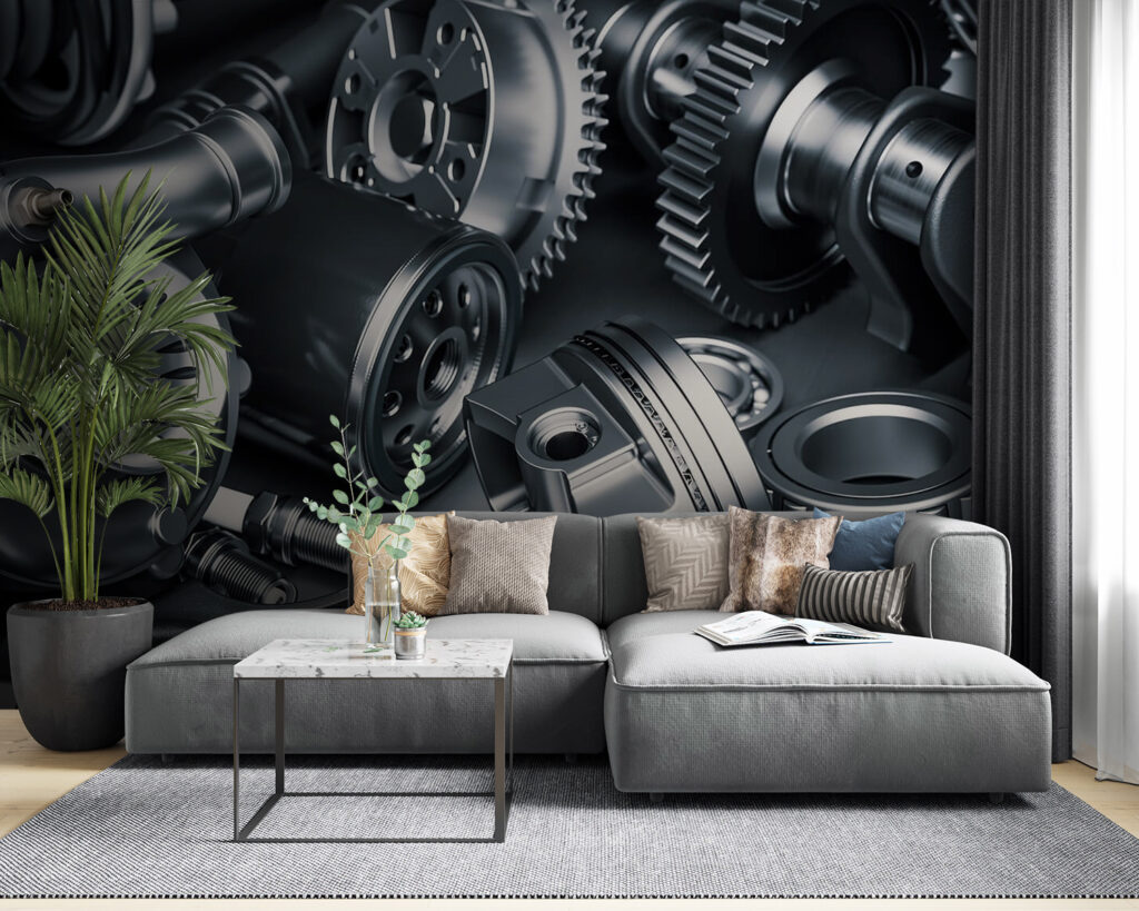 Ingewikkelde montage van mechanische onderdelen in een interieur
