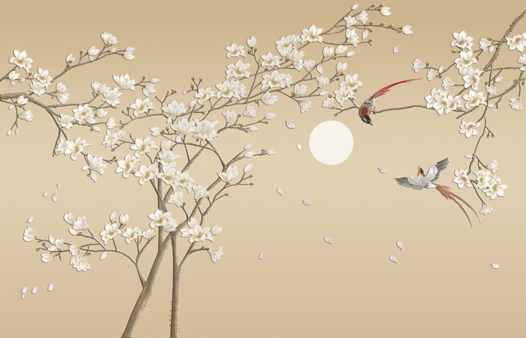 Boom met witte bloemen en vogels — volledig ontwerp