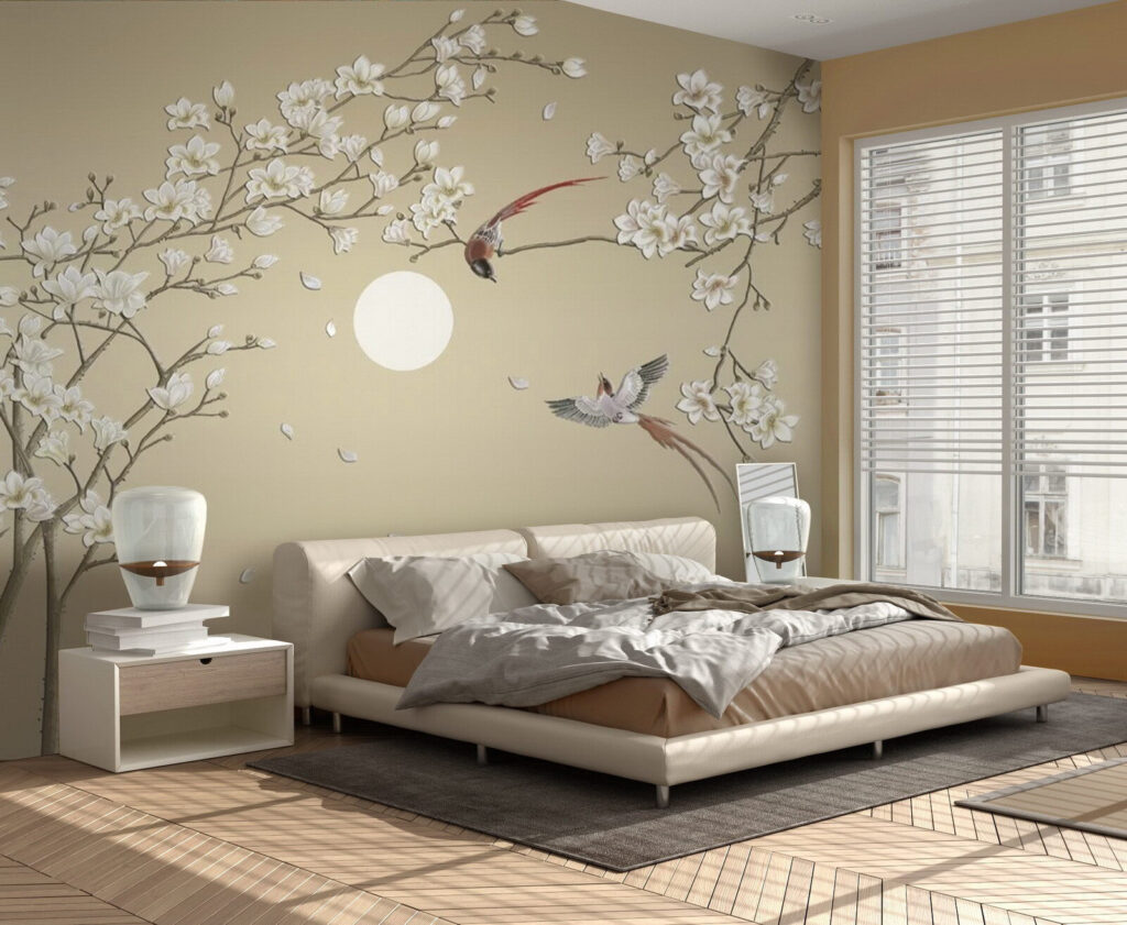 Boom met witte bloemen en vogels — interieur 2