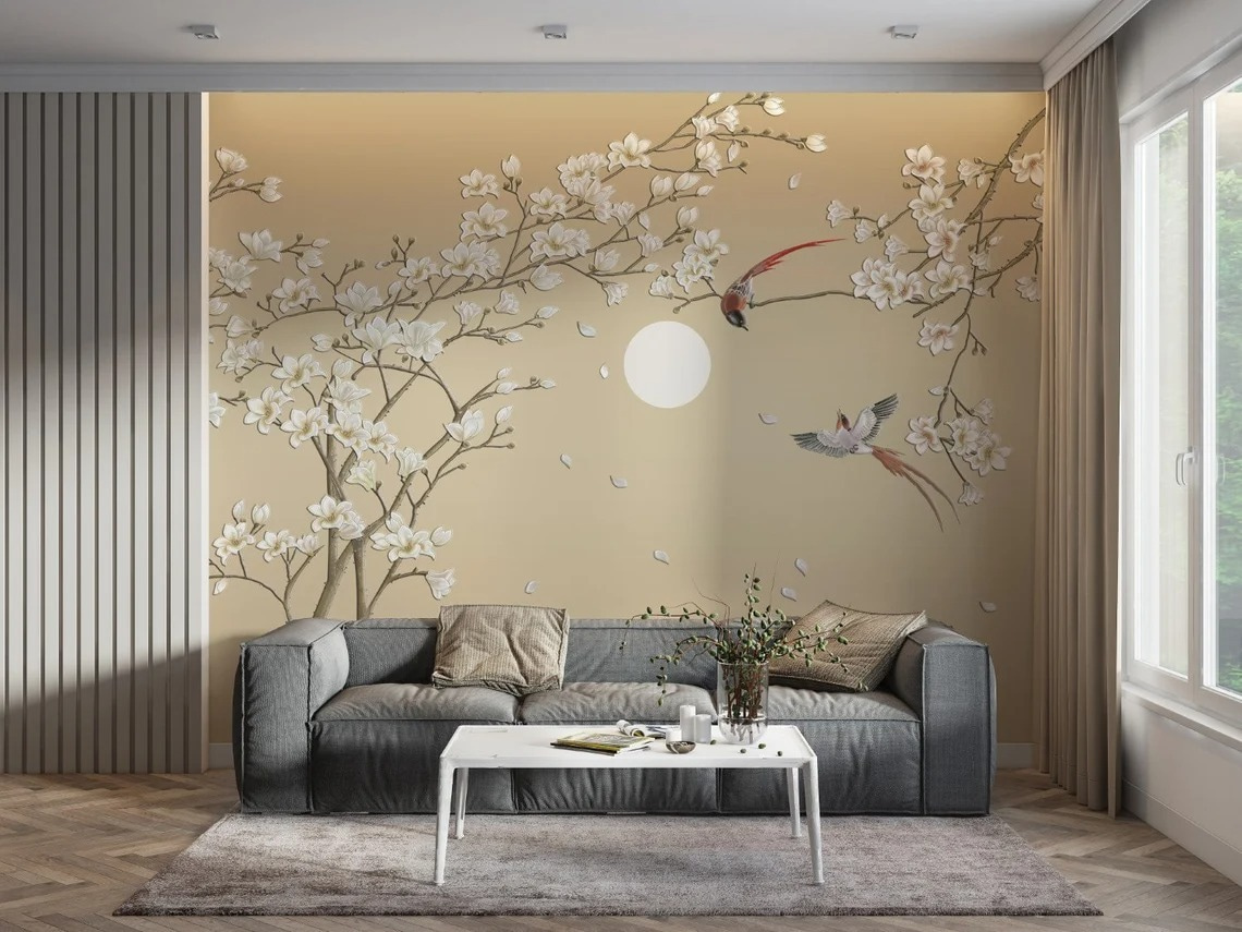 Boom met witte bloemen en vogels in een interieur