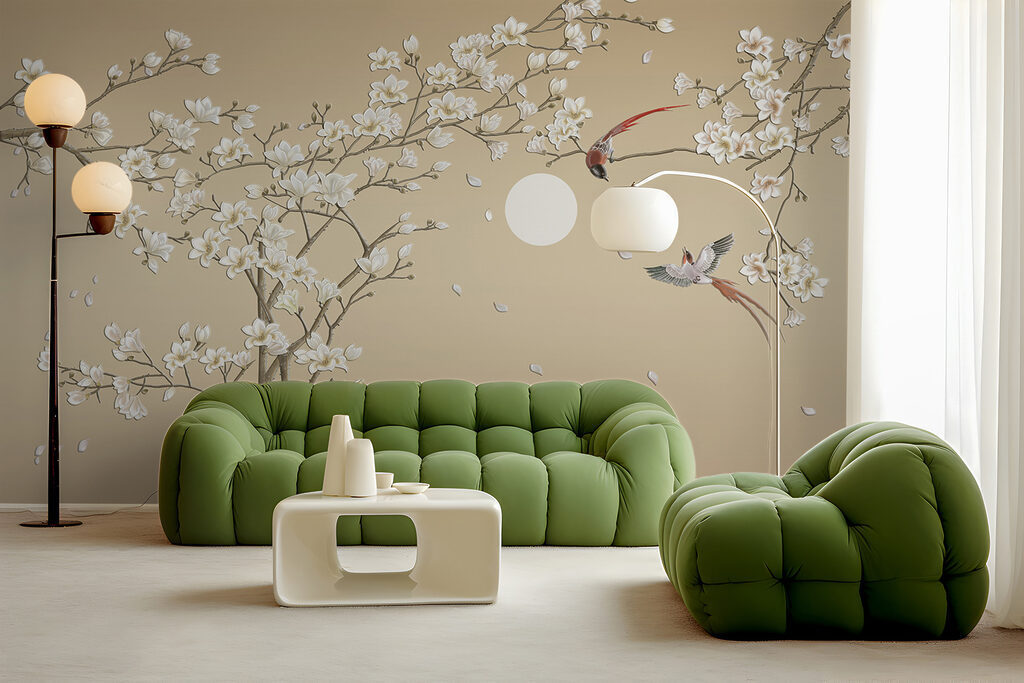 Boom met witte bloemen en vogels — interieur 4