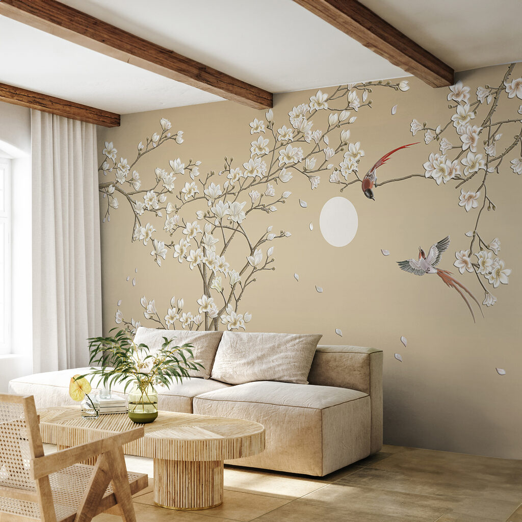 Boom met witte bloemen en vogels — interieur 5