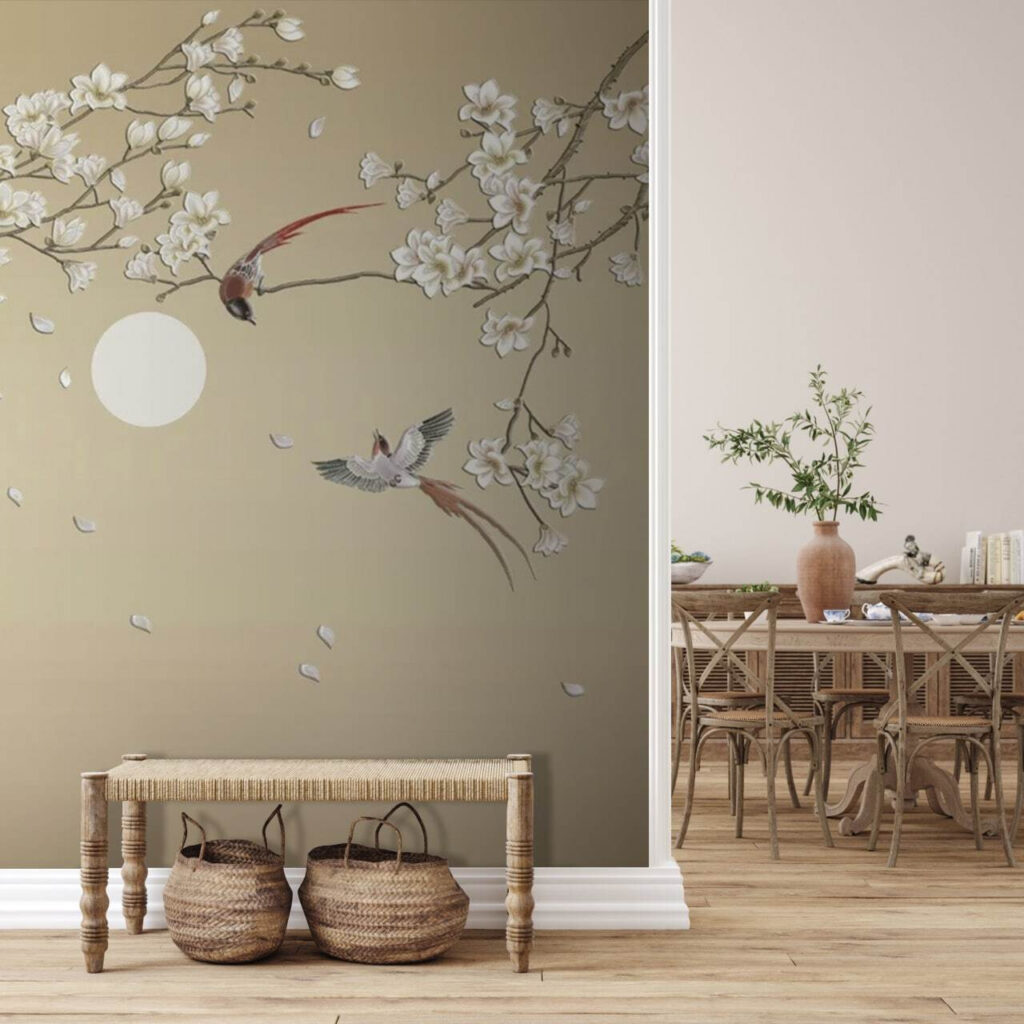 Boom met witte bloemen en vogels — interieur 3