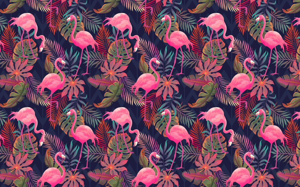 Een patroon van roze flamingo's en bladeren — volledig ontwerp