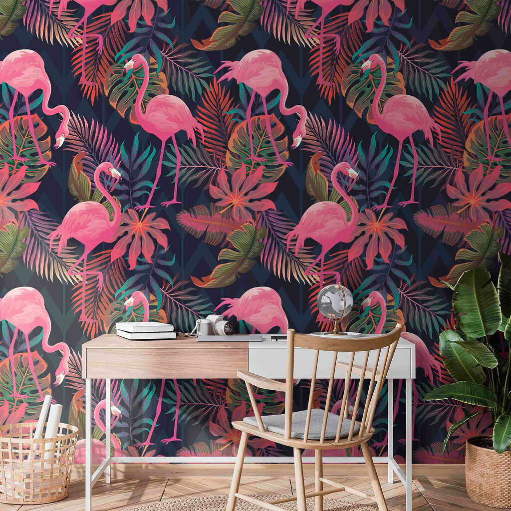 Een patroon van roze flamingo's en bladeren — interieur 3