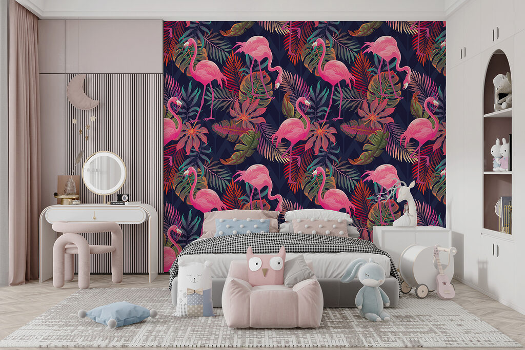 Een patroon van roze flamingo's en bladeren — interieur 4