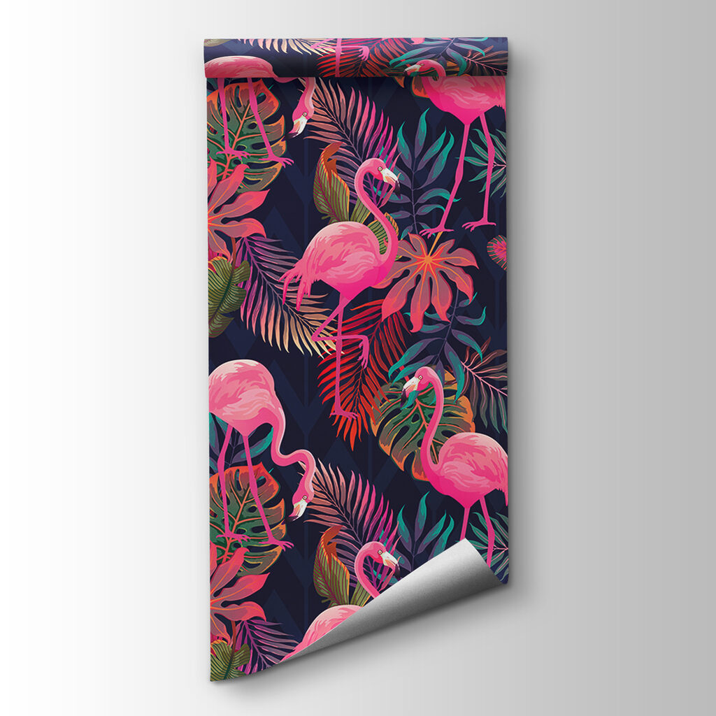 Een patroon van roze flamingo's en bladeren — productweergave
