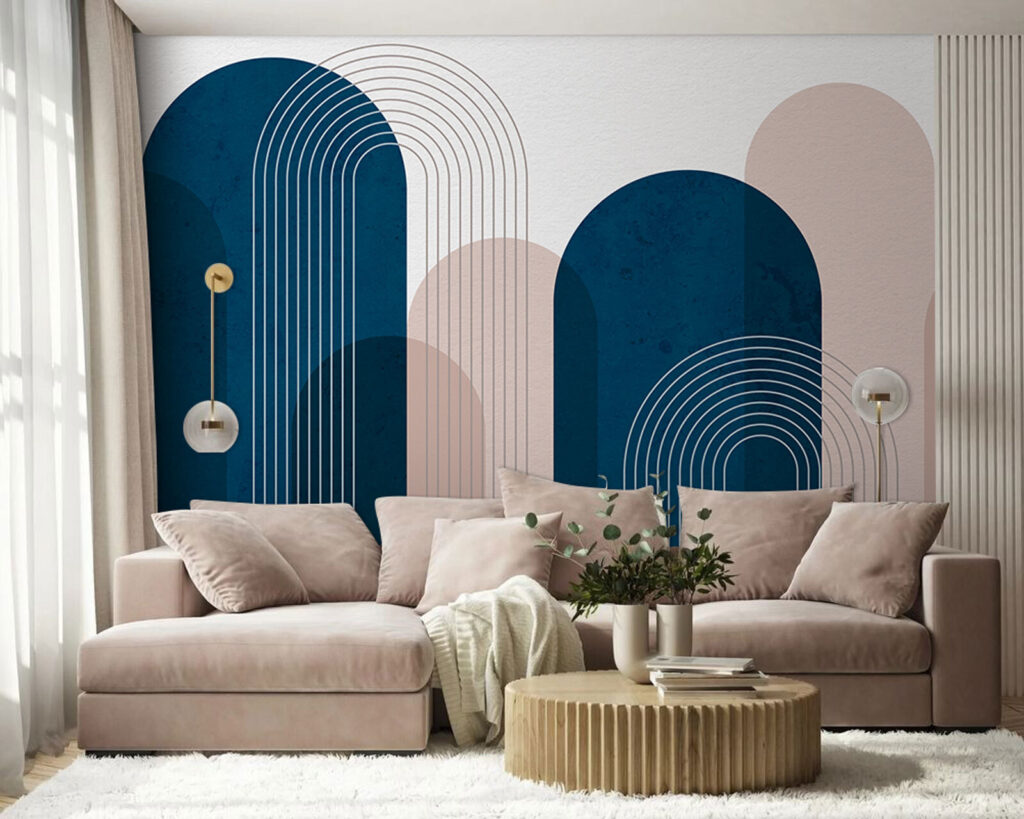 Blauwe en roze kunst in een interieur