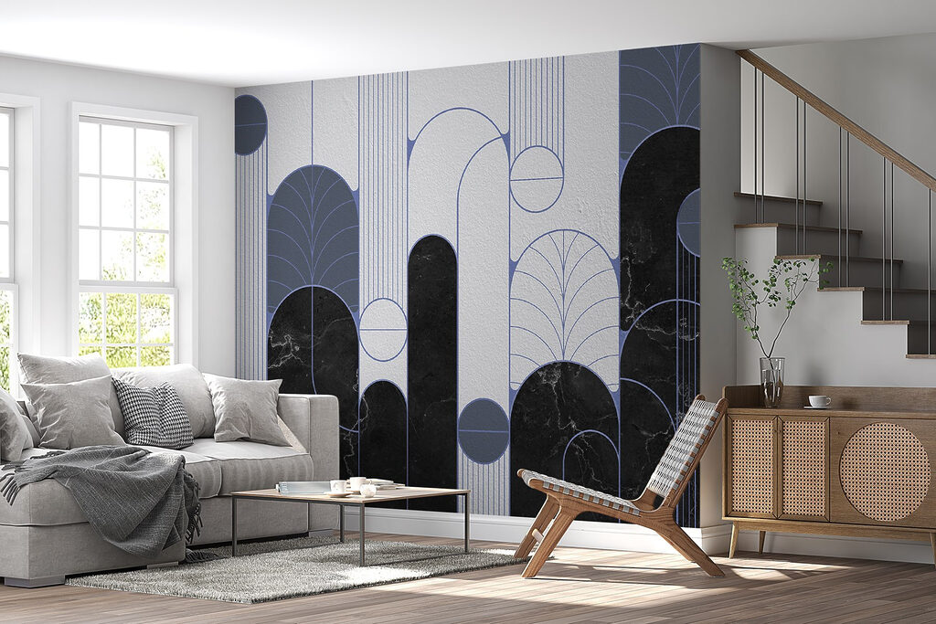 Geometrische patronen in koele tinten in een interieur