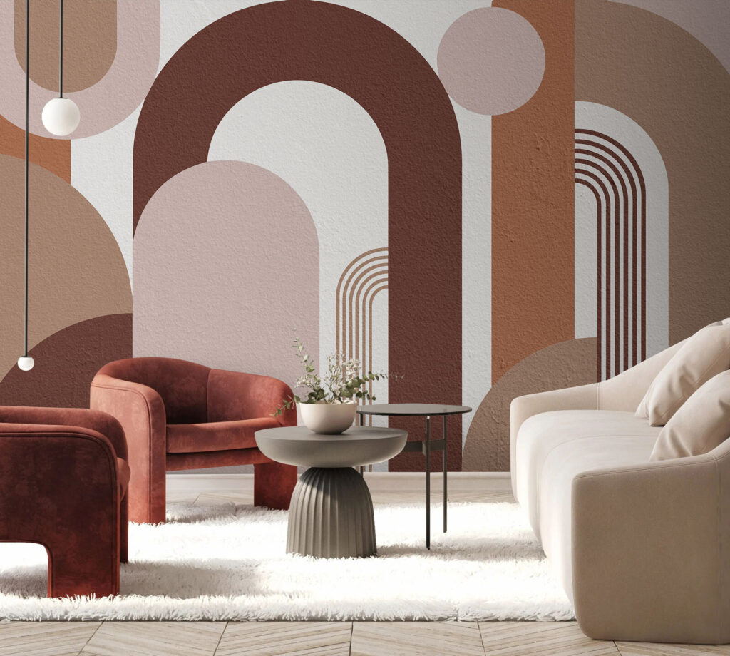 Abstracte vormen in aardetinten in een interieur