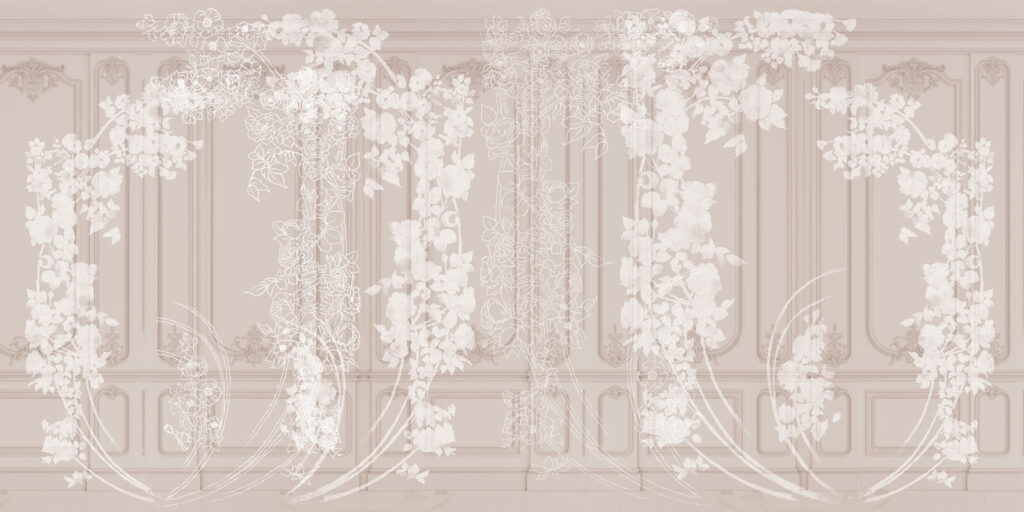 Witte bloesem langs sierpanelen — volledig ontwerp
