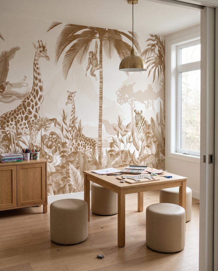 Giraffen in goudkleurig groen in een interieur