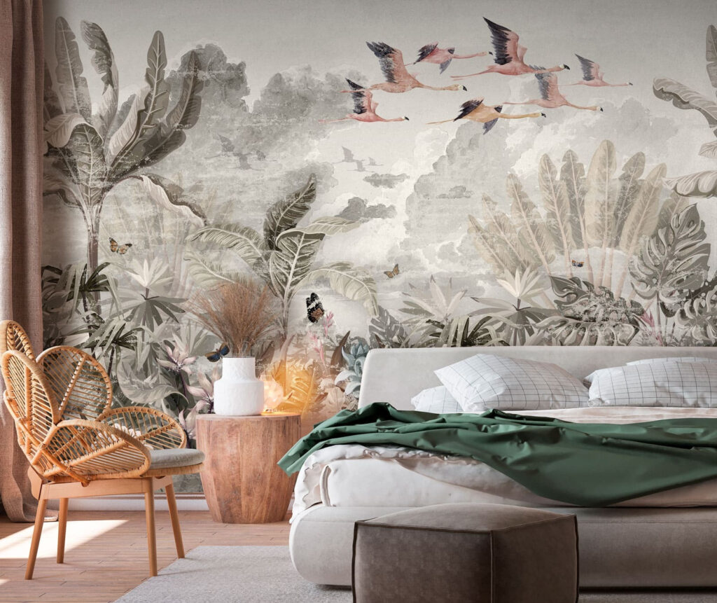 Tropisch landschap met kleurrijke dieren in een interieur