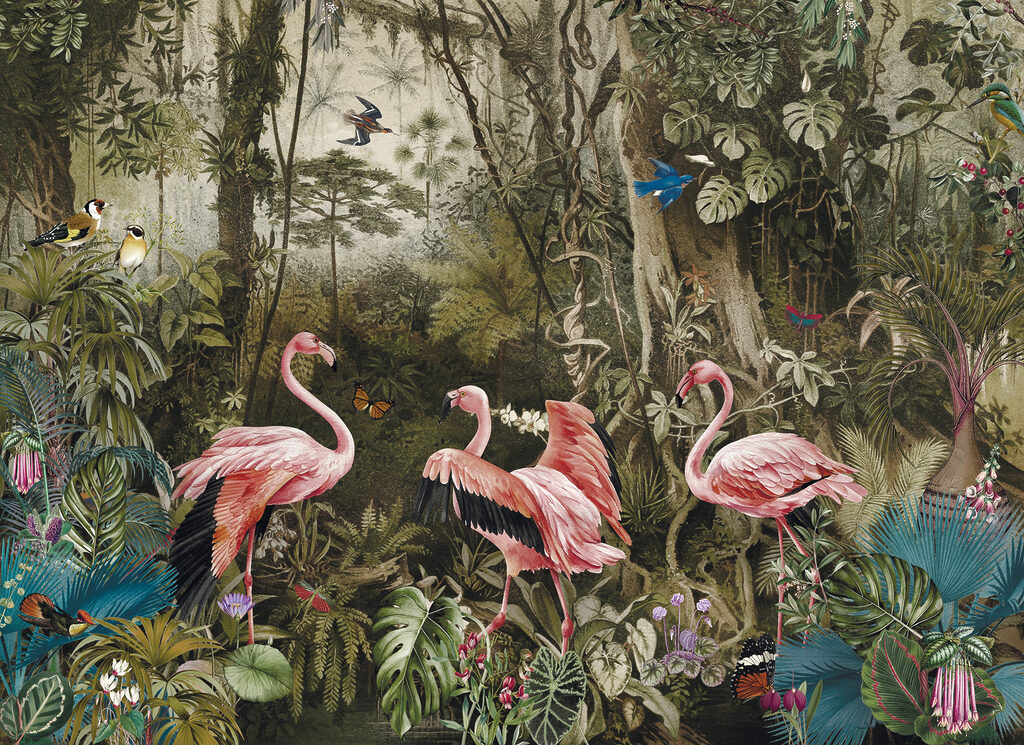 Flamingo's tussen oude boomstammen — volledig ontwerp