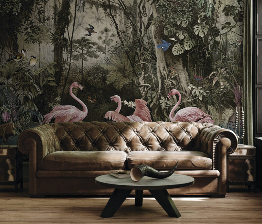 Groep roze flamingo's in een bos in een interieur